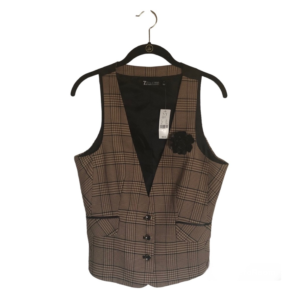 Plaid Brown and Tan Vest with leather Rose